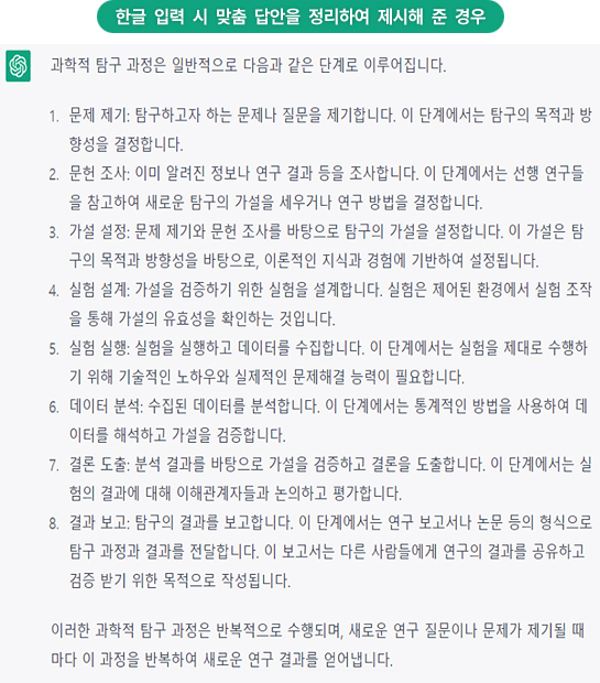 한글 입력 시 맞춤 답안을 정리하여 제시해 준 경우